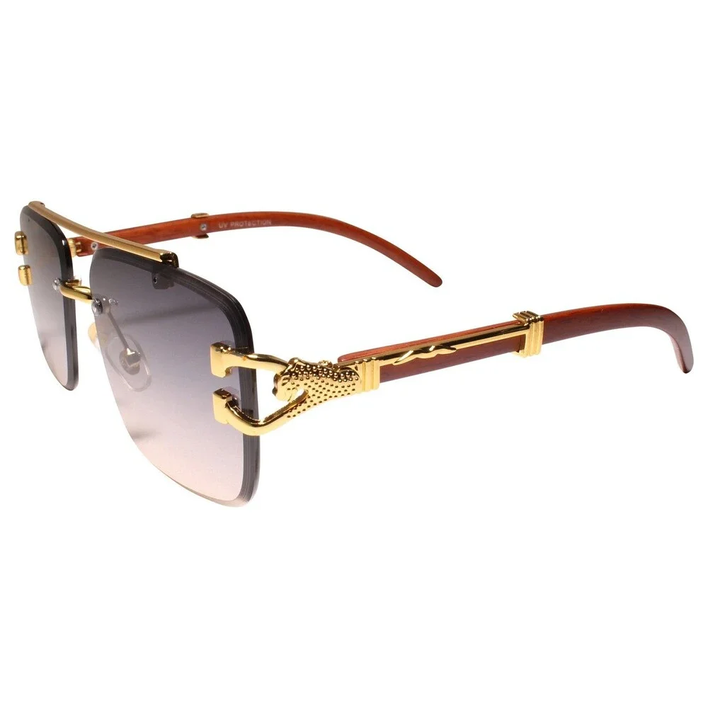 Diamond Cut Lens Gold & Faux Wood Frame Swag Hip Hop Rapper DJ Style Sunglasses